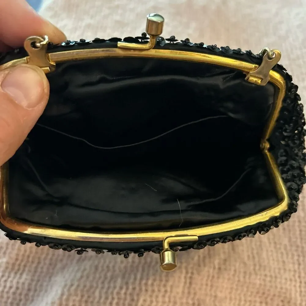 Vintage Black Beaded Evening‎ Bag with Gold Chain.
